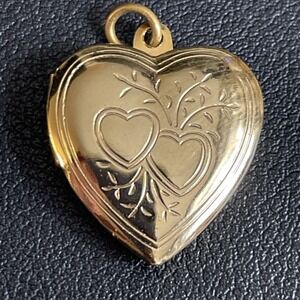 Vintage Locket Pendant Double Heart Gold Tone Engraved Jewelry Mother Keepsake